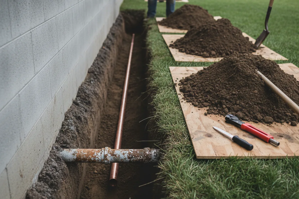 Excavated water line trench during Water Heater Repair in Smithville